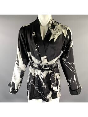 ANN DEMEULEMEESTER Size S Black White Floral Silk Belted Wrap Cardigan